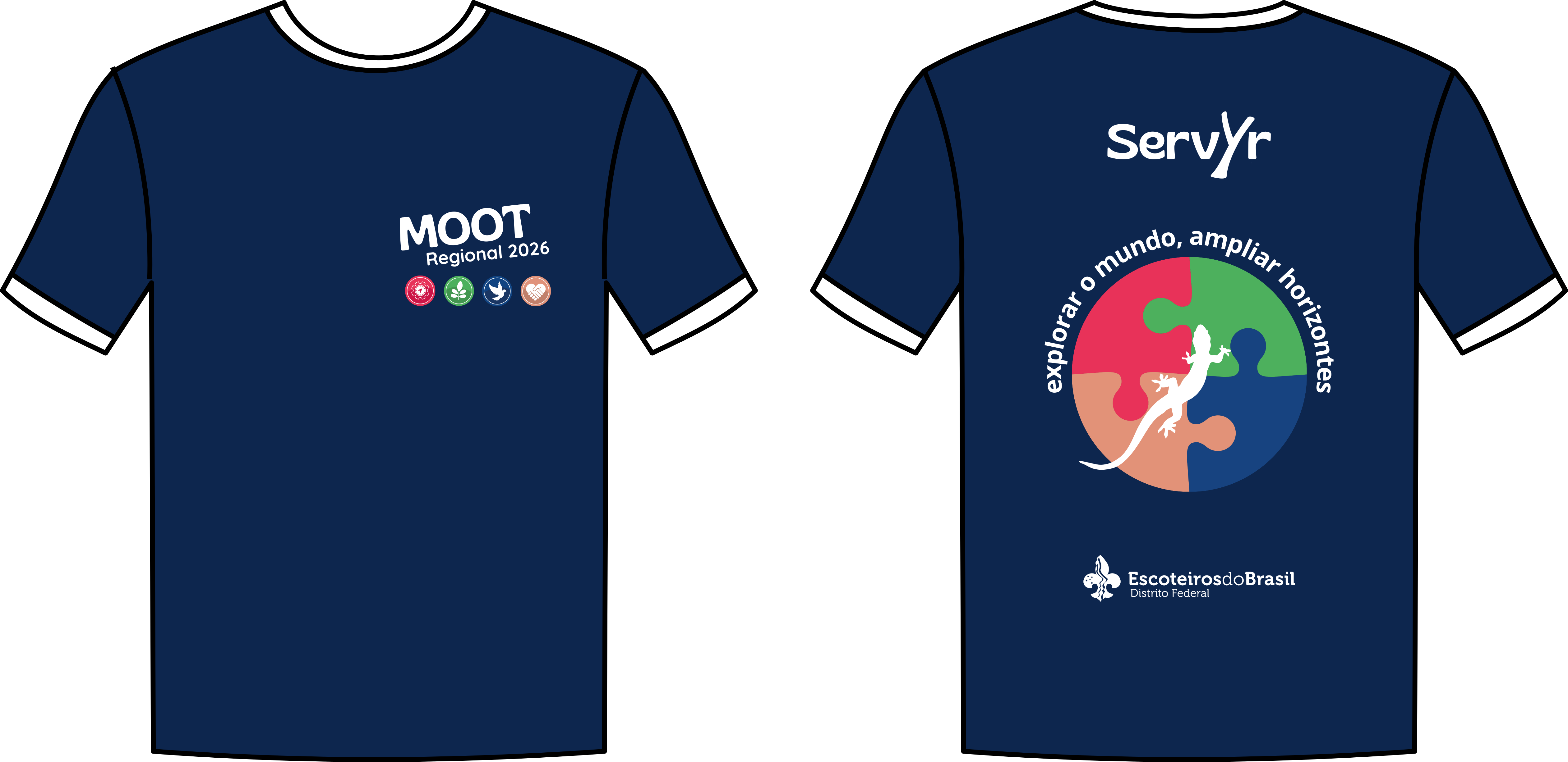 Vista frontal e traseira da camiseta oficial azul-marinho do MOOT Regional 2026