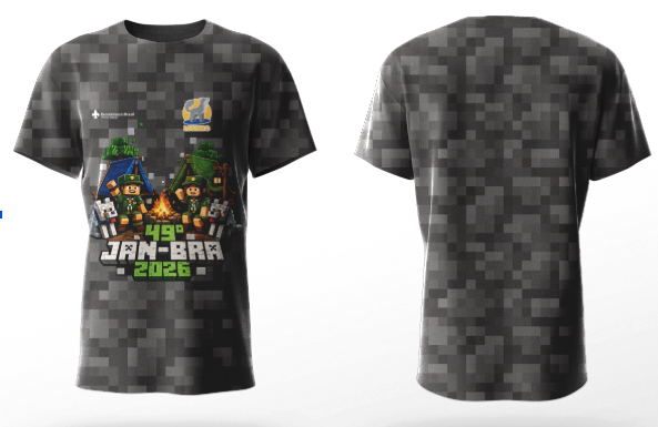 Visualização frontal e traseira da camiseta preta e grafite da 49ª Jan-Bra